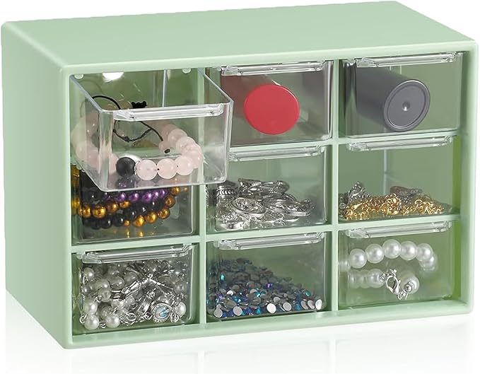 6 Pcs Small Drawer Organizer for Desk, Mini Desktop Drawer Organizer with 9 Clear Drawers, Plastic Desktop Craft Storage Box for Desk Office School Home 7.1" x 3. 8" x 4.6" (Green)