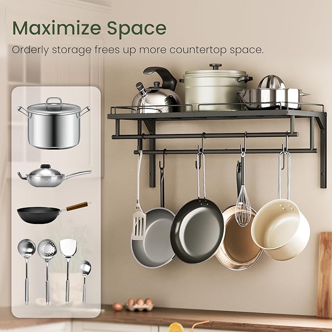 Hanging Pot Rack, Wall-Mounted Pot Rack, Kitchen Cookware Organizer, Metal Pot and pan Organizer Holder, for Cookware, Utensils Organization, Black TPR38BB