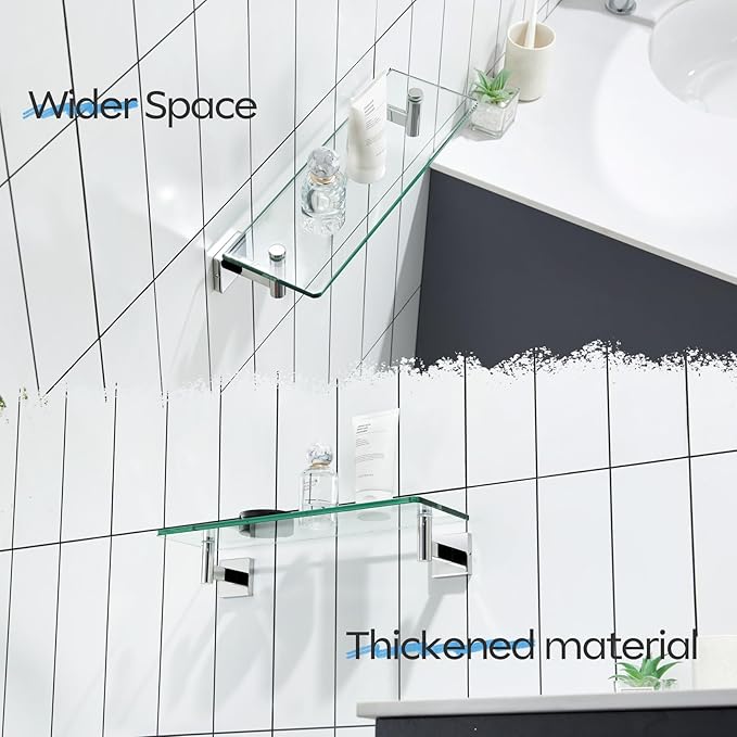 KOKOSIRI Bathroom Shelves Wall Mounted Floating Glass Shelf Polished Stainless Steel 16-Inch Hanging Rack for Storage/Room Decor 2 Pack B1105CH-L16-P2