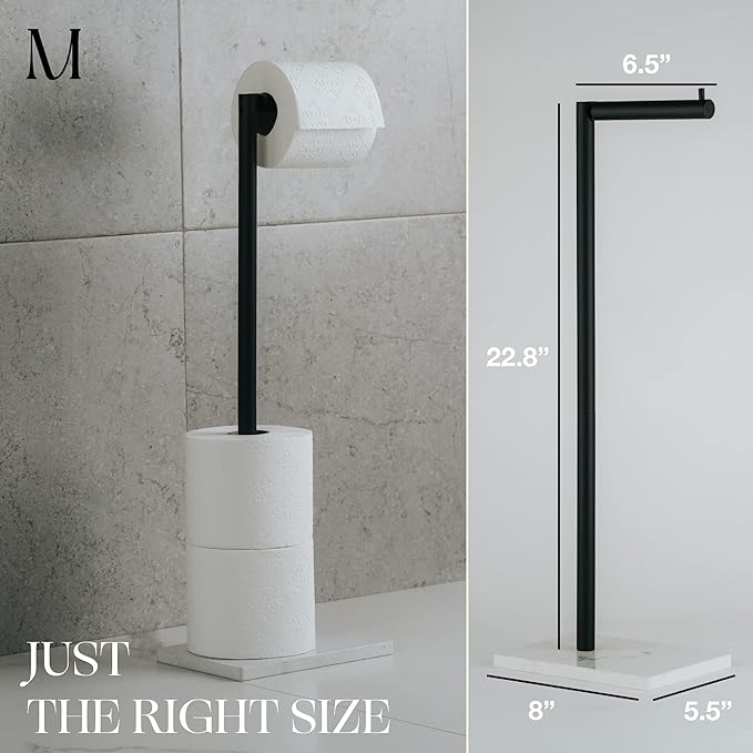 MARMOLUX ACC Free Standing Matte Black Toilet Paper Holder Stand White Marble Base and Storage - 4 Jumbo Roll Bathroom Hardware Toilet Tissue Organizer - Stainless Steel Bathroom Decor Accessory