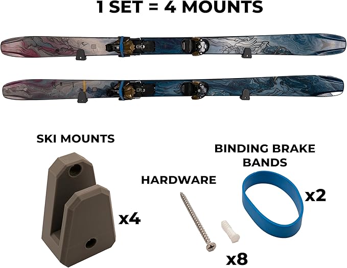 Horizontal Wall Ski Holder – Space-Saving Ski Wall Mount for Garage & Home Storage | Holds 1 Pair of Skis | Mountain, Snowflake & No Design Styles (Gray, Mountain | With Gear Hook)