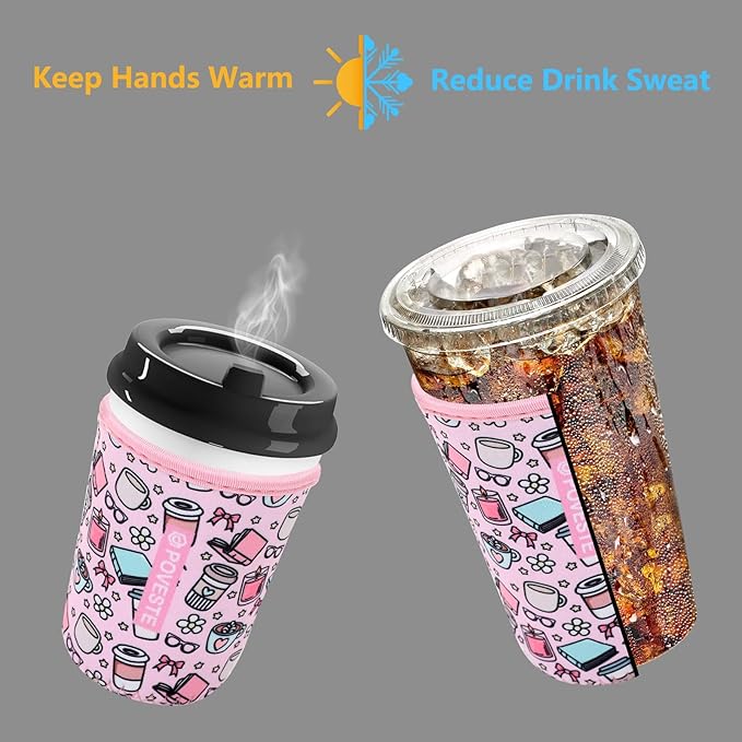 Reusable Neoprene Insulator Sleeve for Iced Coffee & Cold Soda, Coffee Sleeves for Iced & Hot Drinks, Cold Beverage Cooler Compatible with Starbucks, Dunkin (Coffee Break, Small: 16-18oz)