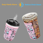 Reusable Neoprene Insulator Sleeve for Iced Coffee & Cold Soda, Coffee Sleeves for Iced & Hot Drinks, Cold Beverage Cooler Compatible with Starbucks, Dunkin (Coffee Break, Medium: 22-24oz)