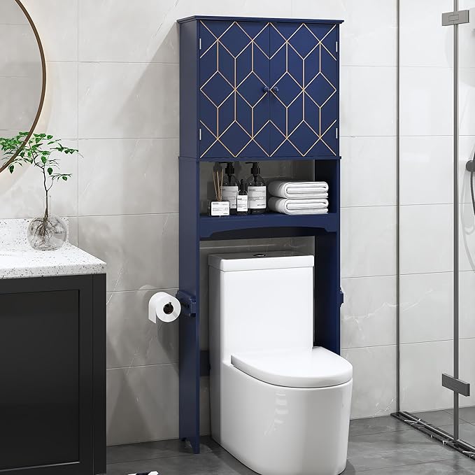 Over The Toilet Storage Cabinet with Gold Trim, Modern Bathroom Organizer Over Toilet with Adjustable Shelves and Toilet Paper Holder for Bathroom (Blue)