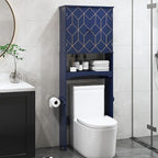 Over The Toilet Storage Cabinet with Gold Trim, Modern Bathroom Organizer Over Toilet with Adjustable Shelves and Toilet Paper Holder for Bathroom (Blue)