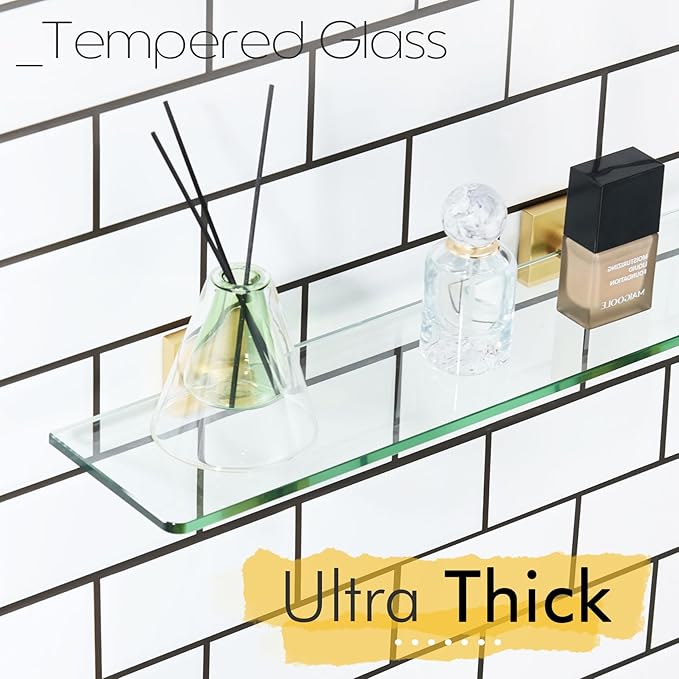 KOKOSIRI Wall Shelves 20-Inch Floating Tempered Glass Shelf for Bathroom Kitchen Hanging Rack Shower Storage, 2 Pack Gold Stainless Steel B1107BG-L20-P2