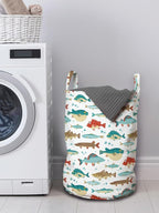 Ambesonne Fish Laundry Bag Pack of 2, Colorful Ocean Fish Cartoon Pufferfish Blowfish Exotic Japanese Cuisine Theme, Hamper Basket with Handles Drawstring Closure, 13" x 19", Aqua Brown