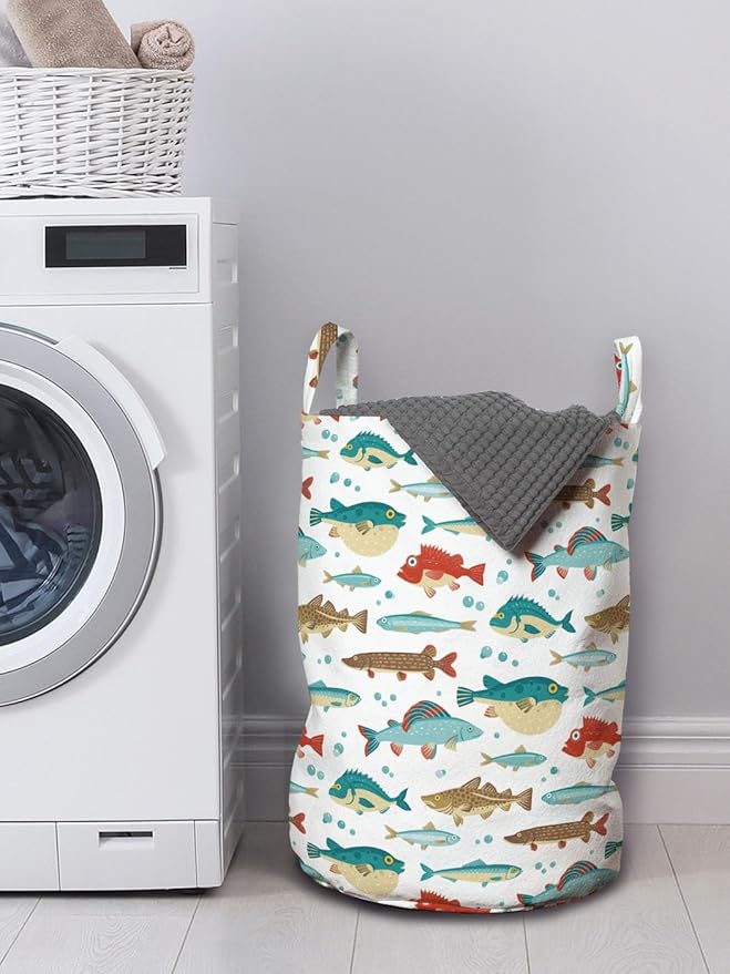 Ambesonne Fish Laundry Bag Pack of 2, Colorful Ocean Fish Cartoon Pufferfish Blowfish Exotic Japanese Cuisine Theme, Hamper Basket with Handles Drawstring Closure, 13" x 19", Aqua Brown