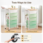 Rolling Cart with 5 Drawers, Plastic Drawer Storage Carts with Wheels & Wooden Tabletop, Metal Utility Cart with Pegboards, Office Living Room Classroom Craft Organization and Storage, Bright Green