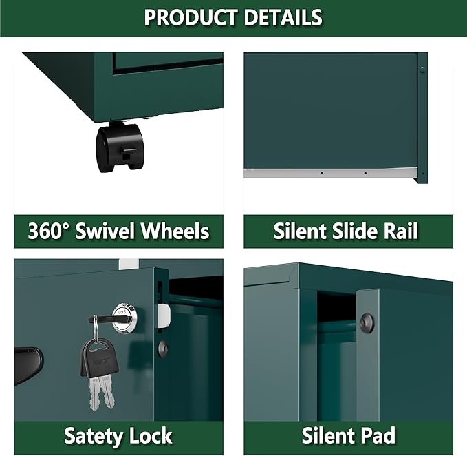 2 Drawer File Cabinet with Lock, Small Rolling Filing Cabinet for Home Office, Metal Mobile File Cabinets on Wheels, Under Desk Office Cabinets for Letter Size Folders - Assembly Required