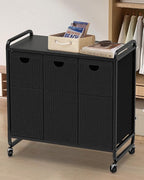 Laundry Sorter 3 Section,Laundry Basket with Wheels,3×15.8 Gal (60L) Laundry Hamper Organizer with Large Wooden Desktop Sorter,Pull-Out and Removable Laundry Bags (Black, 3 Bags - 180L)