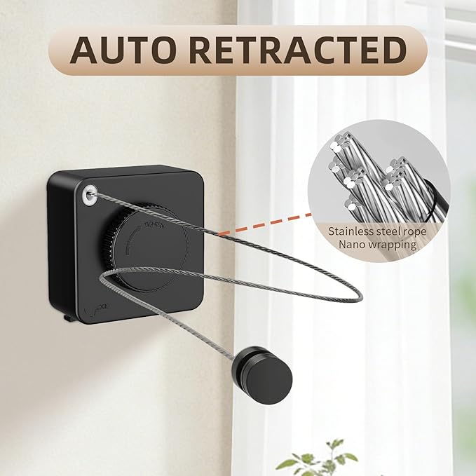 Anti-Sag Retractable Clothesline 40LB Capacity - 201in Stainless Steel Laundry Line for Indoor Outdoor, Wall Mounted Space Saving Easy Install (Black)