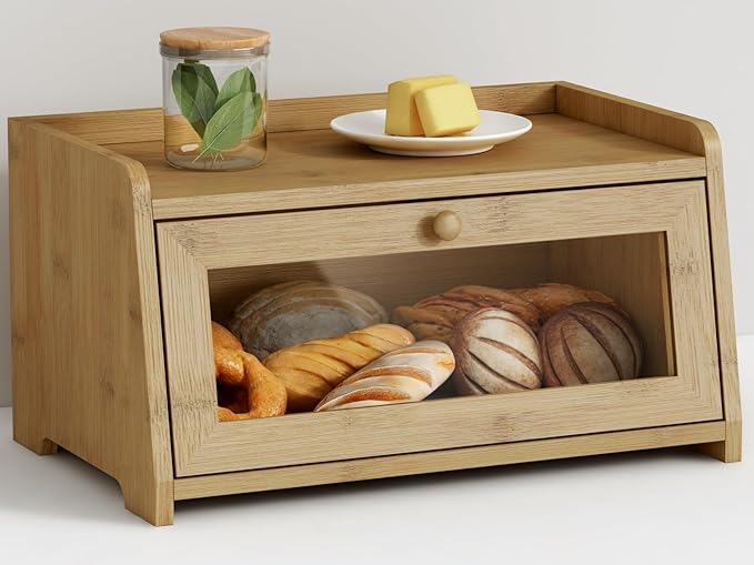 Wood Bread Box for Kithcen Countertop, Rustic Breadox Storage Container for Homemade Bread, Small Compact Bread Keeper Holder Organizer with Window (Natural Bamboo)