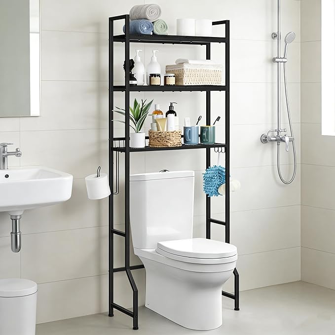 Over The Toilet Storage Over Toilet Rack Bathroom Organizer 3 Tier Toilet Shelf with 4 Hooks and Toilet Paper Holder Freestanding Bathroom Stand Over Toilet Save Space, Black