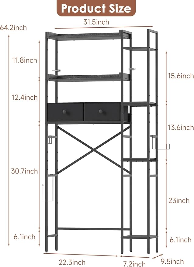 Over The Toilet Storage with 2 Drawers - 7 Tier Bathroom Organizer with Adjustable Shelf, Freestanding Space Saver Storage Rack Above Toilet Stand with Hooks for Small Restroom, Laundry(Black)