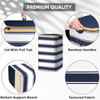BALEINE Laundry Hamper with Lid, Tall Laundry Baskets with Bamboo Pull Handles, Large Laundry Bin with Internal Support (26 Gal/100L, Blue Stripe)
