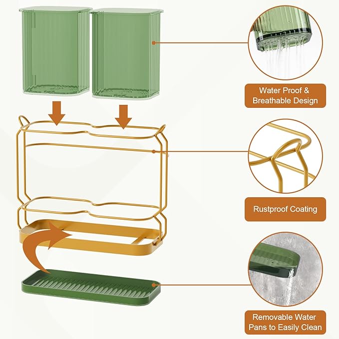 Kitchen Utensil Holder Wall Mount, 6.7" Silverware Holder for Kitchen Countertop, Toothbrush Holders Utensil Drying Holder with Drain Tray for Silverware,Spatula (Green)