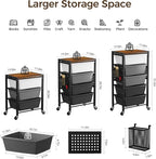 Rolling Cart with 4 Drawers, Plastic Drawer Storage Carts with Wheels & Wooden Tabletop, Metal Utility Cart with Pegboards, Office Living Room Classroom Craft Organization and Storage, Dark Grey