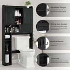 Vabches Farmhouse Over The Toilet Storage Cabinet with 2 Barn Doors & Sliding Door, Over The Toilet Bathroom Organizer with Open Storage Layer and Adjustable Shelves & Hooks.Black