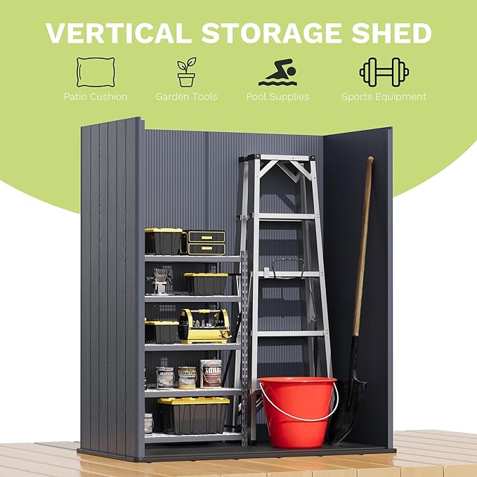 Devoko 5x3 FT Resin Outdoor Storage Shed with Floor, Plastic Outdoor Storage Cabinet, Waterproof Vertical Tool Shed with Lockable Door for Patio, Garden, Backyard, Dark Gray