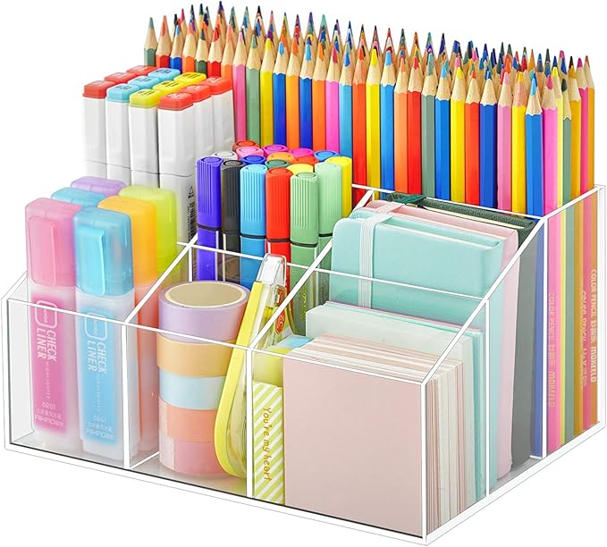 VITVITI Acrylic Pen Holder, Clear Desk Organizer, Pen Organizer for Desk, 7 Compartments Pencil Holder, Desktop Stationery Organizer for Office Storage/School/Home/Art Supplies