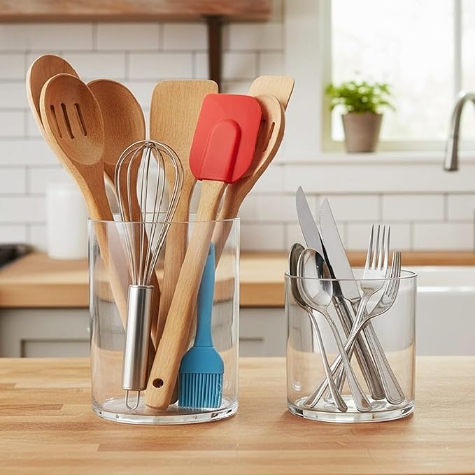 Amazing Abby - uPod - Plastic Utensil Holder (2-Piece Set), 7.5"+5.5" (H), Clear Utensil Crock and Flatware Caddy, Cooking Utensil Organizer for Kitchen Countertop, BPA-Free, Shatter-Proof (Not Glass)