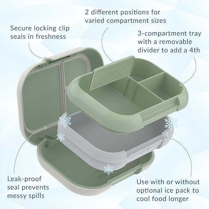 Bentgo Chill Max Leak-Proof XL Lunch Box - Included Ice Pack Keeps Food Cold; 5-Cup Capacity for Adults & Ages 8+, 3 or 4 Compartment Bento Box, BPA-Free, Dishwasher Safe (Clay Green & Gray)