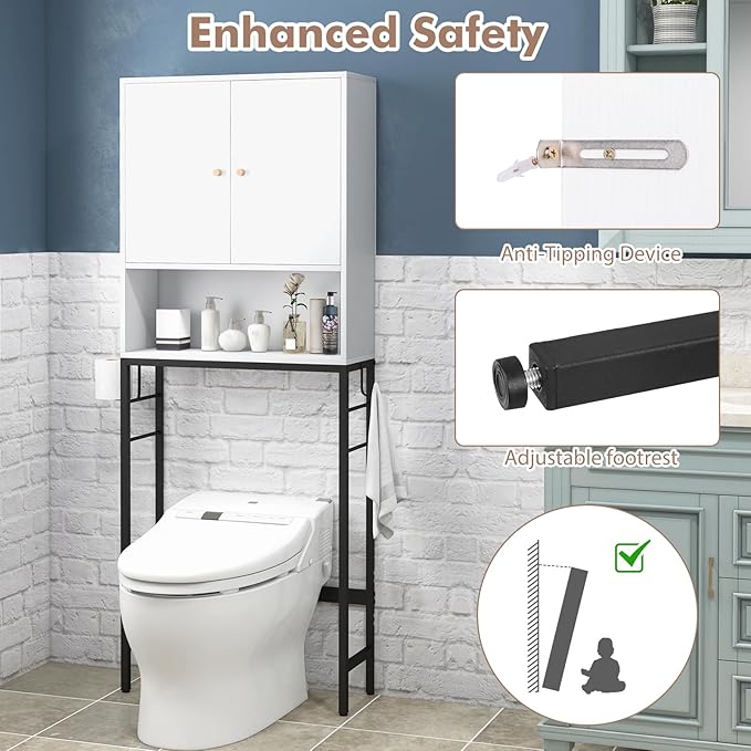 Tangkula Over The Toilet Storage Cabinet, Bathroom Space Saver Organizer with 2 Doors, Metal Stand, 2 Side Hooks, Freestanding Above Toilet Storage Cabinet for Restroom Laundry (White)