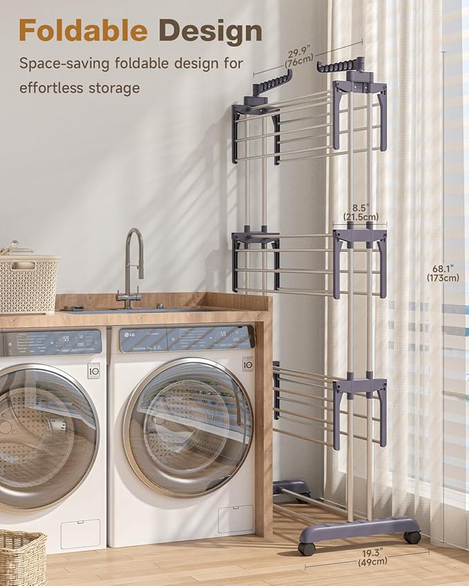 Bigzzia Clothes Drying Rack Folding Drying Rack Clothing 4 Tier Clothes Horses Rack Stainless Steel Laundry Drying Rack with Two Side Wings Grey