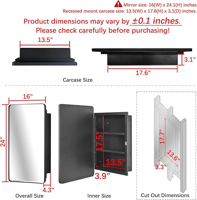 Fundin Plastic Black Medicine Cabinet, Beveled Edge Mirror Door with Round Corner Metal Frame, Recessed and Surface Mount Bathroom Medicine Cabinet, 16 x 24 inch Mirror Size
