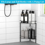 2 Tier Floor Standing Corner Shower Caddy Organizer Shelf with Hooks, Bathroom Shelves Stand Rack, Matt Black
