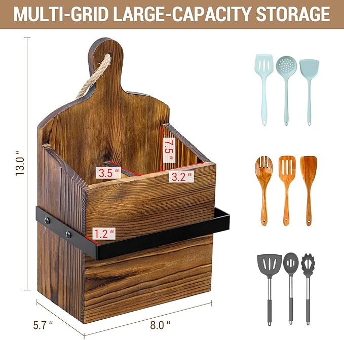 MyGift Rustic Wall Mounted Solid Wood Utensil Holder with Towel Bar – Cutting Board Style Kitchen Organizer Rack for Cooking Tools, Hanging Storage, and Dish Towels