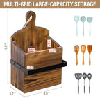 MyGift Rustic Wall Mounted Solid Wood Utensil Holder with Towel Bar – Cutting Board Style Kitchen Organizer Rack for Cooking Tools, Hanging Storage, and Dish Towels