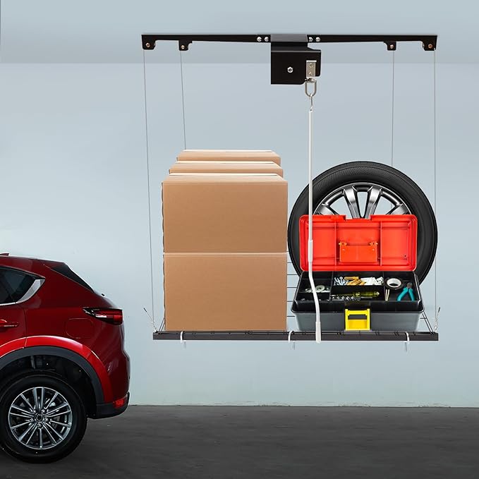 TBVECHI Overhead Garage Lifting Storage Rack, 4x4 Ft Heavy-Duty Metal Garage Ceiling Rack, Storage Organizer System with 79''L Adjustable Height, 300lbs Weight, Satin Black