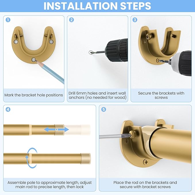 Closet Rods for Hanging Clothes, 17 to 84 Inch Heavy Duty Stepless Adjustable Closet Hanging Rod, 1.3 Inch Diameter Metal Closet Rod for Wardrobes Laundry Bedroom RV, Gold