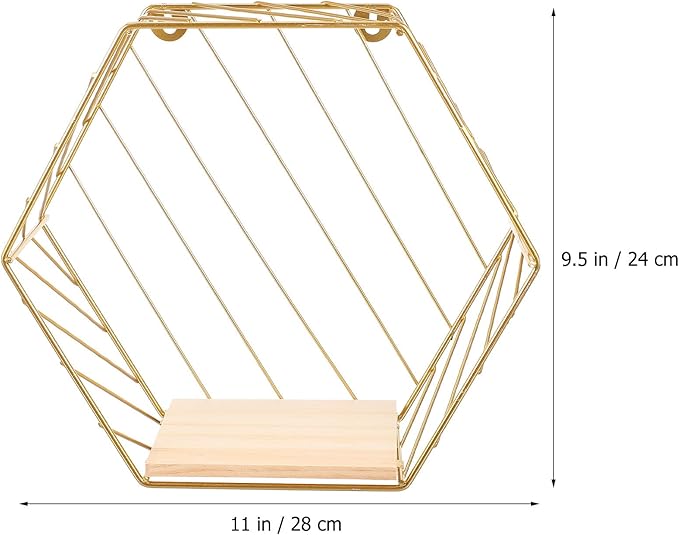 Wall-Mounted Iron Storage Rack Punch-Free Decorative Hexagon Shelf Gold Finish with Hooks for Bathroom and Living Room Organization