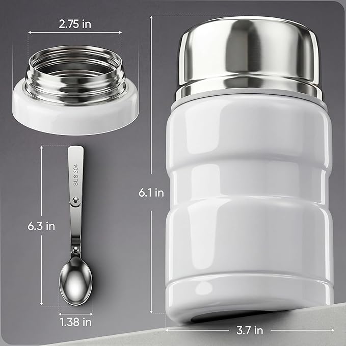 Earth&ME Stainless Steel Thermo For Hot Food 17OZ with Folding Spoon, Vacuum Insulated Food Container, Soup Thermo with Wide Mouth, Insulated Food Jar for Hot & Cold Food, White