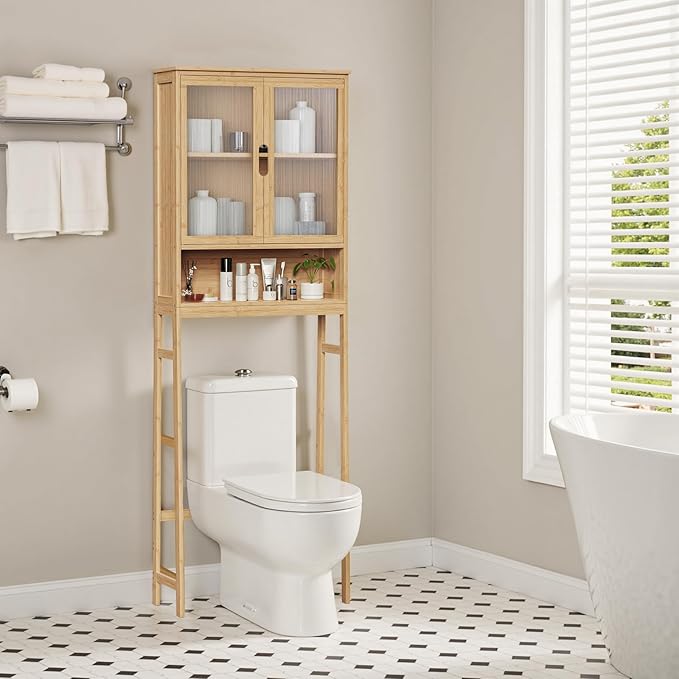 BAMBANG Over The Toilet Storage Cabinet, Bamboo Bathroom Over Toilet Storage Organizer with Adjustable Shelves and Double Doors, Above Toilet Storage Cabinet, Natural