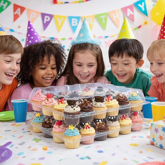 (24 Count x 10 Sets Plastic Cupcake Containers with Liners, Clear Cupcake Holder with Lids, Disposable Cupcake Carrier for Bakery, Cupcake Storage Box for Parties, Bake Sale Packaging