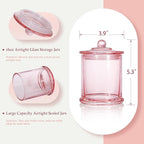 Qtip Holder & Cotton Pad Dispenser, Bathroom Organizer and Storage Canisters, 16oz Glass Apothecary Jars for Kitchen, Restroom - Home Decor Accessories, Room Decor Aesthetic (2 Pack, Pink)