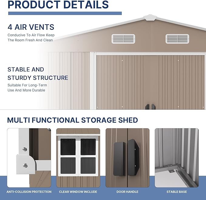 Kullavik 10FT x 8FT Outdoor Storage Shed with Window,Floor and Lockable Doors,Waterproof Metal Garden Tool Shed,Galvanized Steel shed for Backyard,Garden,Patio