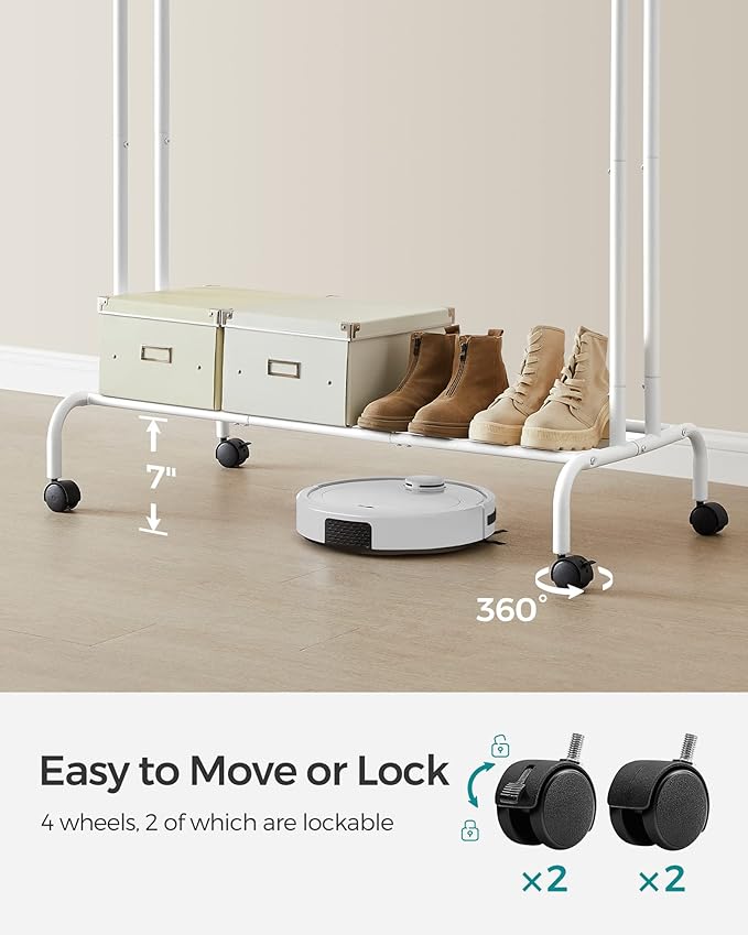 SONGMICS Clothes Rack, Double-Rod Clothing Rack for Hanging Clothes with Wheels, Garment Rack, Metal Frame, 220 lb Max. Total Load, 40.7 Inches Wide, Clothes Storage and Display, White UHSR107W01