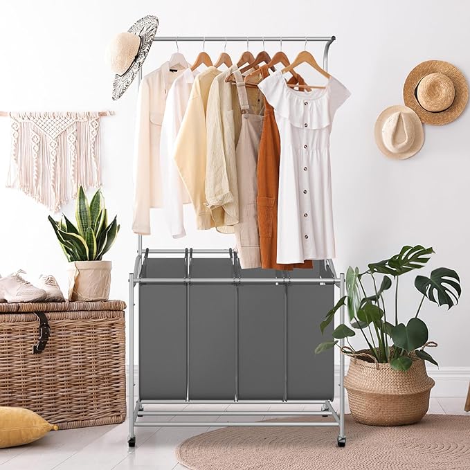 LUCKUP Laundry Sorter 4 Sections with Hanging Bar, 4 Bags Laundry Hamper Rolling Laundry Basket Cart with Lockable Wheels for Laundry Room Bathroom Bedroom, Dark Grey