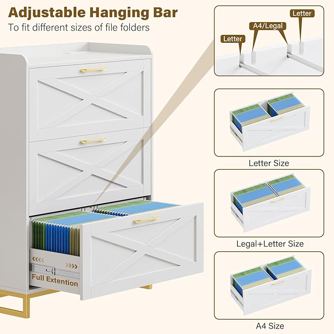 File Cabinet 3 Drawers Lateral File Cabinet with Charging Station for Letter/Legal/A4 Size Hanging Files, Large Wood File Storage Cabinets Printer Stand for Home Office, White and Gold