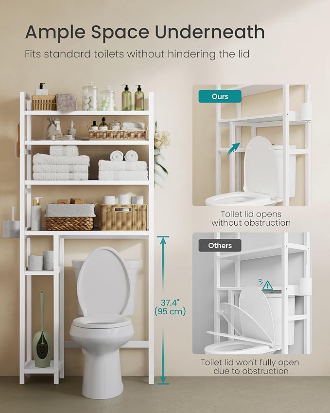 SONGMICS Over the Toilet Storage, 4-Tier Over Toilet Bathroom Organizer with Adjustable Shelves, 26 x 83 x 185 cm, Space-Saving, Cloud White UBTS017W01