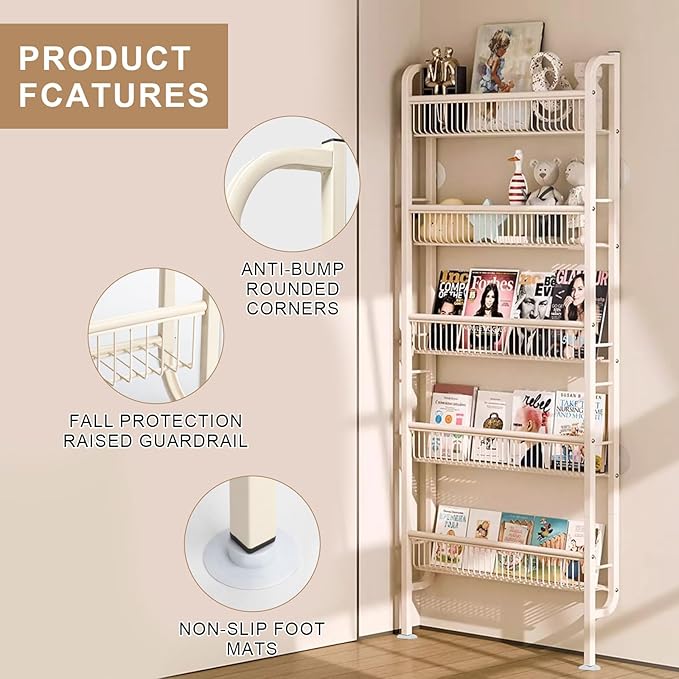 Behind The Door Bathroom Shelf Narrow 5-Tier, Slim Space-Saving Storage Shelf, Freestanding Narrow Shelving Unit for Bathroom, Kitchen, Closet and Laundry Room