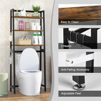 VASMIA Over The Toilet Storage Shelf,3-Tier Bathroom Organizer Over Toilet Storage Cabinet,Freestanding Space Saver with 3 Hooks Black and Rustic Brown