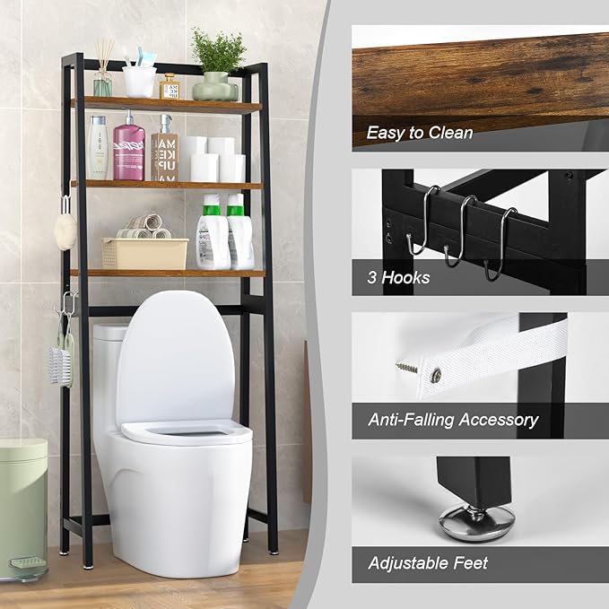 VASMIA Over The Toilet Storage Shelf,3-Tier Bathroom Organizer Over Toilet Storage Cabinet,Freestanding Space Saver with 3 Hooks Black and Rustic Brown