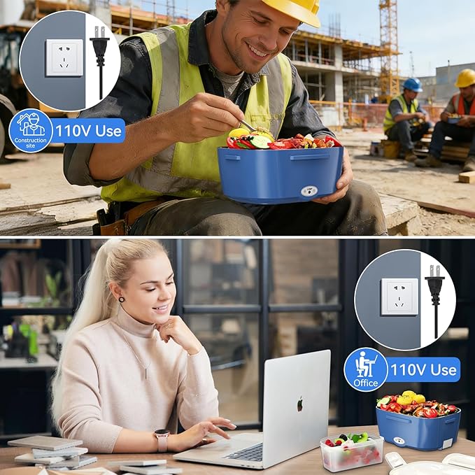 Vingud Electric Lunch Box for Adults, Heated Lunch Box Food Warmer, 80W Portable Heating Lunchbox for Men/Car/Truck with 1.5L Stainless Steel Container, 12V/24V/110V Lonchera Eléctrica Portátil Gift