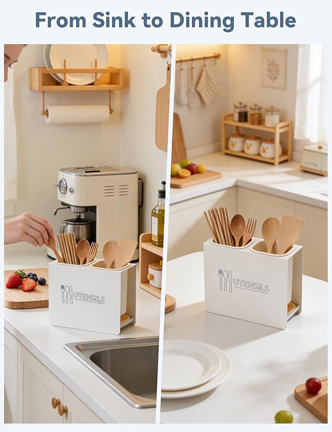 Kitchen Utensil Holder, Metal Silverware Holder with 2 Plastic Cups and Base, Modern Farmhouse Kitchen Decor, Countertop Utensil Organizer for Spoons Cooking Tools (Cream)